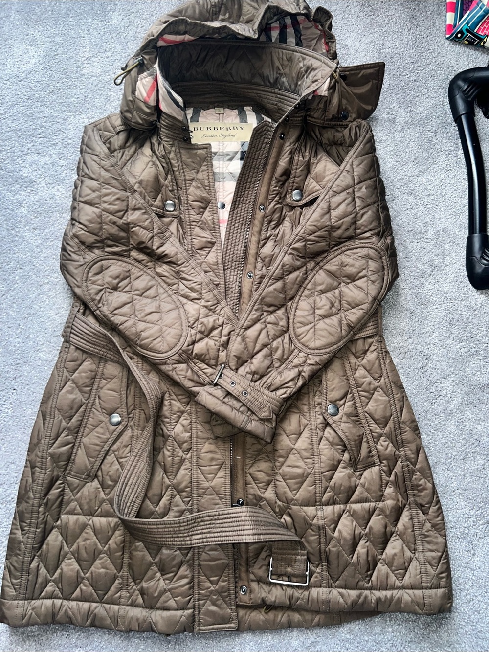 Burberry Quilted Hooded Trench Coat in Taupe